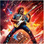 Ekstatischer Rockgitarrist mit E-Gitarre, explosiver Farbhintergrund mit Sternen | Ecstatic rock guitarist playing electric guitar, explosive colorful background with stars