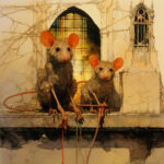 Zwei Ratten mit orangefarbenen Ohren vor gotischem Fenster, Aquarell-Illustration | Two rats with orange ears before gothic window, watercolor illustration