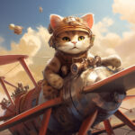 Digitale Illustration: Katze mit Pilotenhelm auf rotem Doppeldecker-Flugzeug | Digital art: cat wearing pilot helmet perched on red biplane engine in cloudy sky