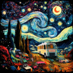 Van-Gogh-Stil: Wirbelnder Sternenhimmel mit Bus und Autos in farbenfroher Nachtlandschaft | Van Gogh style: Swirling starry night sky with bus and cars in colorful nocturnal landscape
