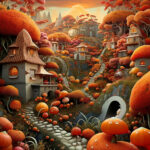 Fantasiedorf mit Märchenhäusern, orangefarbenen Pilzen und Steinpfad bei Sonnenuntergang | Fantasy village with fairy-tale houses, orange mushrooms and stone path at sunset