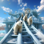 Eisbären gleiten eine eisige Rutsche hinab in surrealer Eisburg-Architektur | Polar bears sliding down an icy slide in surreal ice castle architecture