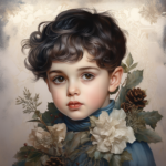 Vintages Kinderportrait mit dunklen Locken, Stechpalmen, Tannenzapfen und weißer Blüte | Vintage child portrait with dark curls, holly leaves, pine cones and white flower