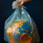 Erdkugel in transparenter Plastiktüte gehalten – Symbol für Plastikverschmutzung | Earth globe inside a transparent plastic bag held by hand – symbol of plastic pollution