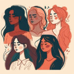 Fünf illustrierte Frauen mit verschiedenen Haarfarben in Erdtönen, nachdenkliche Ausdrücke | Five illustrated women with different hair colors in earth tones, pensive expressions
