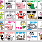 20 bunte Comic-Tier-Sticker mit Texten wie Good, Happy, Sad, Yes | 20 colorful comic animal stickers with words like Good, Happy, Sad, Yes