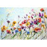 Ölgemälde mit bunten Wildblumen in Gelb, Rot, Lila auf hellblauem Grund | Oil painting with colorful wildflowers in yellow, red, purple on light blue background