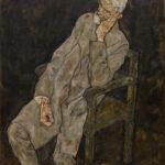 Egon Schiele: Sitzender alter Mann im grauen Anzug, Kopf auf Hand gestützt | Egon Schiele: Seated old man in grey suit, head resting on hand