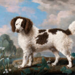 Ölgemälde: Braun-weißer Pudel steht in Landschaft mit See und Weiden | Oil painting: Brown-white poodle standing in landscape with lake and willows