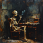 Skelett sitzt rauchend auf Stuhl vor alter Schreibmaschine, dunkles Ölgemälde | Skeleton sits smoking in chair before old typewriter, dark oil painting