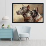 Gerahmtes Ölgemälde zweier Dobermann-Porträts an Wohnzimmerwand über Sessel | Framed oil painting of two Doberman portraits on living room wall above armchair