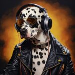 Dalmatiner mit Sonnenbrille, Kopfhörern und schwarzer Lederjacke, digitale Kunst | Dalmatian wearing sunglasses, headphones and black leather jacket, digital art