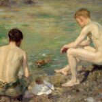 Ölgemälde: Zwei nackte Jungen auf Felsen am Wasser, Hund schwimmt dazwischen | Oil painting: Two nude boys sitting on rocks by water, dog swimming between them