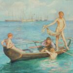 Ölgemälde: Vier Jungen in einem Ruderboot auf blauem Meer, Segelschiffe im Hintergrund | Oil painting: Four boys in a rowing boat on blue sea, sailing ships in the background