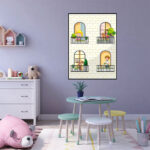 Kinderzimmer mit Cartoon-Poster: Kinder auf Balkonen eines Wohnhauses | Kids' room with cartoon poster showing children on balconies of an apartment building