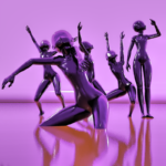 Fünf glänzend violette 3D-Figuren in dynamischen Tanzposen auf lila Grund | Five glossy violet 3D figures in dynamic dancing poses on purple background
