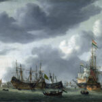 Niederländische Kriegsschiffe im Hafen, dramatischer Wolkenhimmel, Ölgemälde 17. Jh. | Dutch warships in harbor, dramatic cloudy sky, 17th-century oil painting