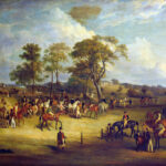 Englisches Pferderennen, 19. Jh.: Jockeys, Pferde und Zuschauer auf weitem Rasenplatz | 19th-century English horse racing scene with jockeys, horses and spectators on a vast ground
