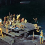 Ölgemälde: Nackte Figuren auf Holzsteg springen ins dunkle Wasser, Boot im Hintergrund | Oil painting: Nude figures on wooden dock jumping into dark water, boat in background
