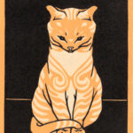 Jugendstil-Illustration: Sitzende Tigerkatze in Orange-Schwarz, A.J.D.G. 1918 | Art Nouveau illustration: sitting tabby cat in orange and black, A.J.D.G. 1918