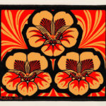 Drei stilisierte Stiefmütterchen in Gold-Rot-Schwarz, Art-déco-Druckgrafik, A.J.D.G. 1919 | Three stylized pansies in gold, red, black; Art Deco print by A.J.D.G., 1919