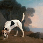 Ölgemälde: Weißer Jagdhund mit schwarzen Flecken schnüffelt in Landschaft | Oil painting: white hunting dog with black spots sniffing in landscape