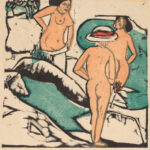 Kirchner-Holzschnitt: Zwei weibliche Akte am Strand, expressionistisch in Orange und Grün | Kirchner woodcut: Two female nudes on beach, expressionist style in orange and green tones