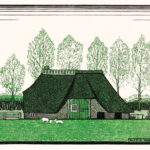 Holzschnitt, 1919: Reetgedeckter Bauernhof mit Schafen, grünen Bäumen | Woodcut, 1919: Thatched farmhouse with sheep grazing, green trees behind