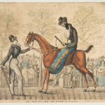Kolorierte Karikatur: Elegante Reiterin auf braunem Pferd, Boulevard de Gand, Paris | Colored caricature: Elegant rider on brown horse, Boulevard de Gand, Paris, crowd behind