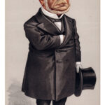Viktorianische Karikatur: Kahlköpfiger Mann im schwarzen Gehrock hält Zylinder | Victorian caricature: bald man in black frock coat holding a top hat