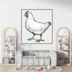 Tuschezeichnung eines weißen Huhns mit farbigen Akzenten, gerahmt | Ink drawing of a white hen with colored accents, framed