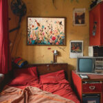 Jugendlichem Schlafzimmer mit roter Bettwäsche, Retro-TV und buntem Blumengemälde | Teen bedroom with red bedding, retro TV set and colorful floral painting on worn yellow wall