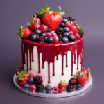 Weißer Drip-Cake mit roter Beerensauce, Erdbeeren, Heidelbeeren und Brombeeren | White drip cake with red berry sauce, strawberries, blueberries and blackberries