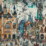 Phantastische mittelalterliche Stadt mit Türmen, fliegenden Wesen und belebtem Marktplatz | Fantastical medieval city with towers, flying creatures and bustling marketplace