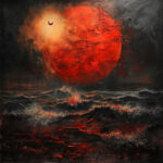 Apokalyptisches Gemälde: Riesige rote Sonne über sturmgepeitschtem Lavameer | Apocalyptic painting: Massive red sun above storm-lashed lava sea