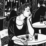 Frau sitzt nachdenklich im Café, Linodruckstil, schwarzweiß, Gläser auf Tisch | Woman sitting pensively in café, linocut style, black and white, glasses on table