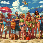 Illustrierte Familiengruppe am Strand mit Sonnenschirmen, Sommerkleidung und Meeresblick | Illustrated family group on beach with colorful umbrellas, summer outfits and ocean view