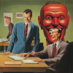 Surreales Büro-Gemälde: zwei Männer im Anzug, riesiger roter Kopf verschlingt einen | Surreal office painting: two suited men, giant red head devouring one of them