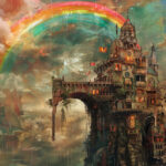 Fantasieschloss auf Klippe mit leuchtendem Regenbogen im Regensturm | Fantasy castle on cliff with vivid rainbow arching over stormy rain sky