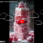 Gestapelte rosa Kuchenschichten mit Himbeeren und Puderzucker, gezeichnete Wolken | Stacked pink cake layers with raspberries and powdered sugar, drawn clouds