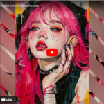 Digitale Illustration: Frau mit pinkfarbenen Haaren, Sommersprossen, Punk-Ästhetik | Digital illustration: woman with pink hair, freckles, punk aesthetic, colorful splashes
