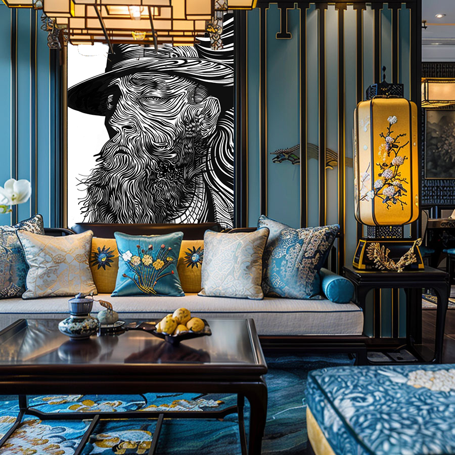 Chinesisches Wohnzimmer in Blau-Gold mit SW-Linienkunst eines bärtigen Mannes | Chinese living room in blue-gold with B&W line art portrait of bearded man in hat