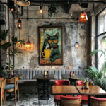 Industrielles Café mit Pop-Art-Poster: schwarze Katze mit Brille und Kaffeetasse | Industrial café featuring pop-art poster of black cat with glasses holding coffee cup