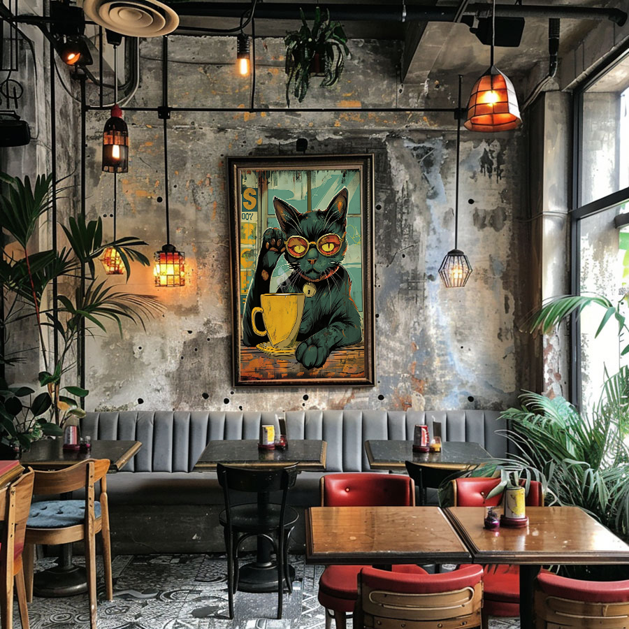 Industrielles Café mit Pop-Art-Poster: schwarze Katze mit Brille und Kaffeetasse | Industrial café featuring pop-art poster of black cat with glasses holding coffee cup