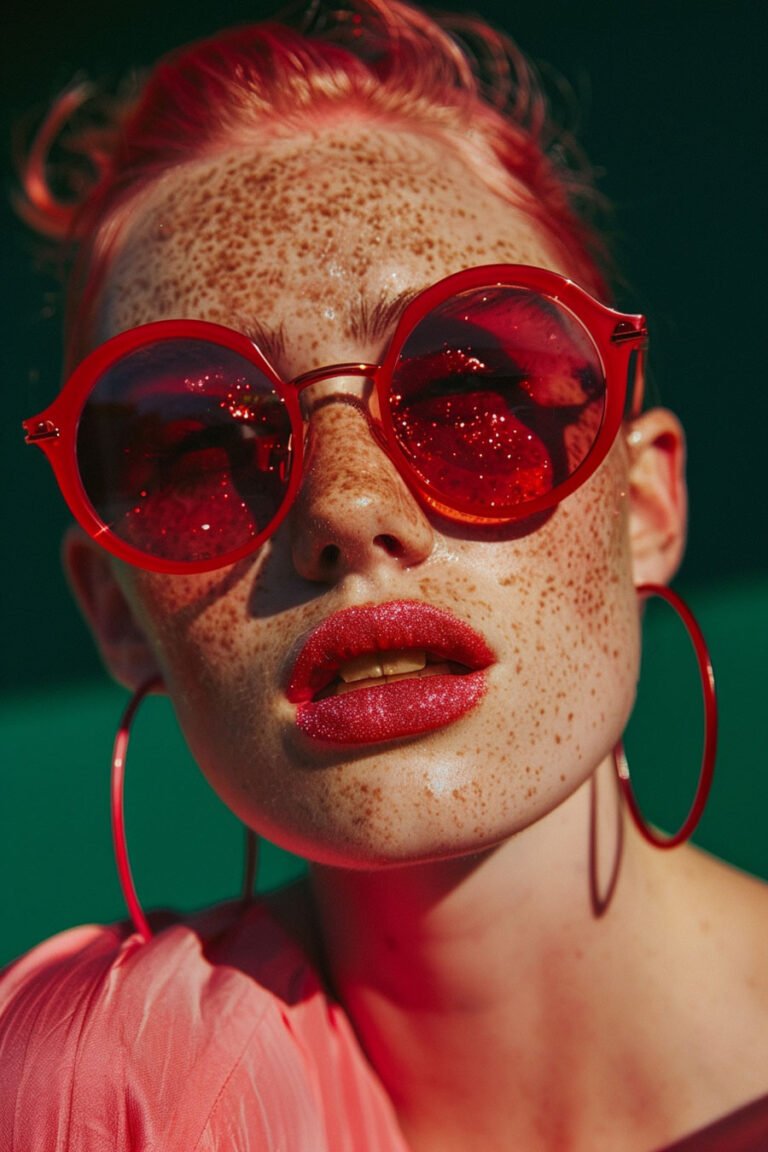 Modell in rotem Samtkleid mit runder Sonnenbrille mit Glitzer