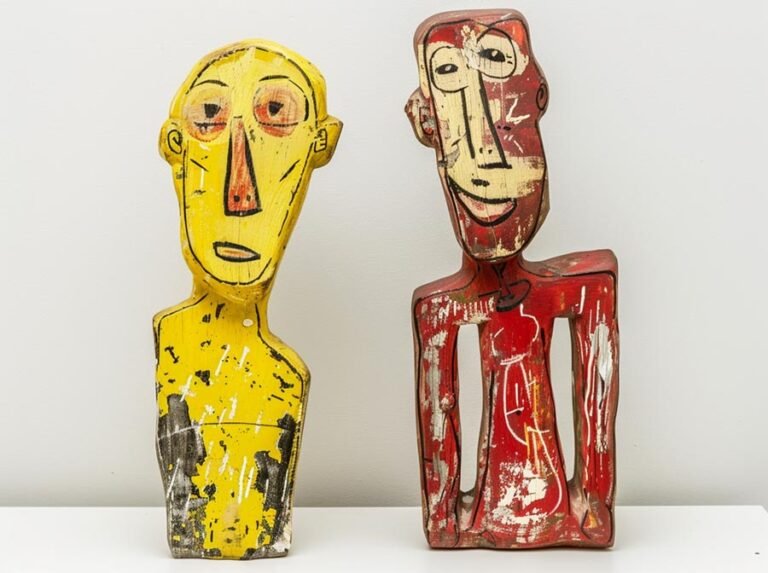 Zwei Holzkarikaturen: Eine Gelb und die Andere Rot