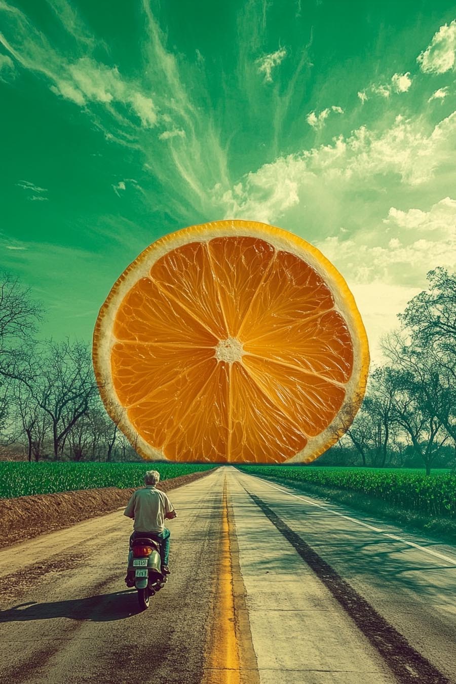 Surreale Collage: Rollerfahrer auf Landstraße vor riesiger Orangenscheibe am grünen Himmel | Surreal collage: scooter rider on rural road facing giant orange slice under green sky
