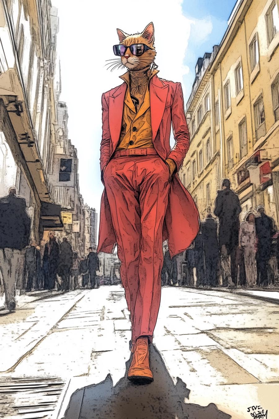 Anthropomorphe Katze im roten Mantel mit Sonnenbrille flaniert durch belebte Stadtstraße | Anthropomorphic cat in red coat and sunglasses strolling through a busy city street
