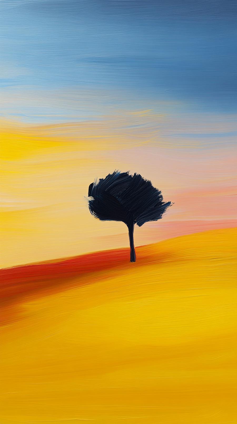 Einzelner dunkler Baum auf goldener Hügellandschaft, blauer Himmel, Ölgemälde | Single dark tree on golden hill landscape, blue sky, oil painting style