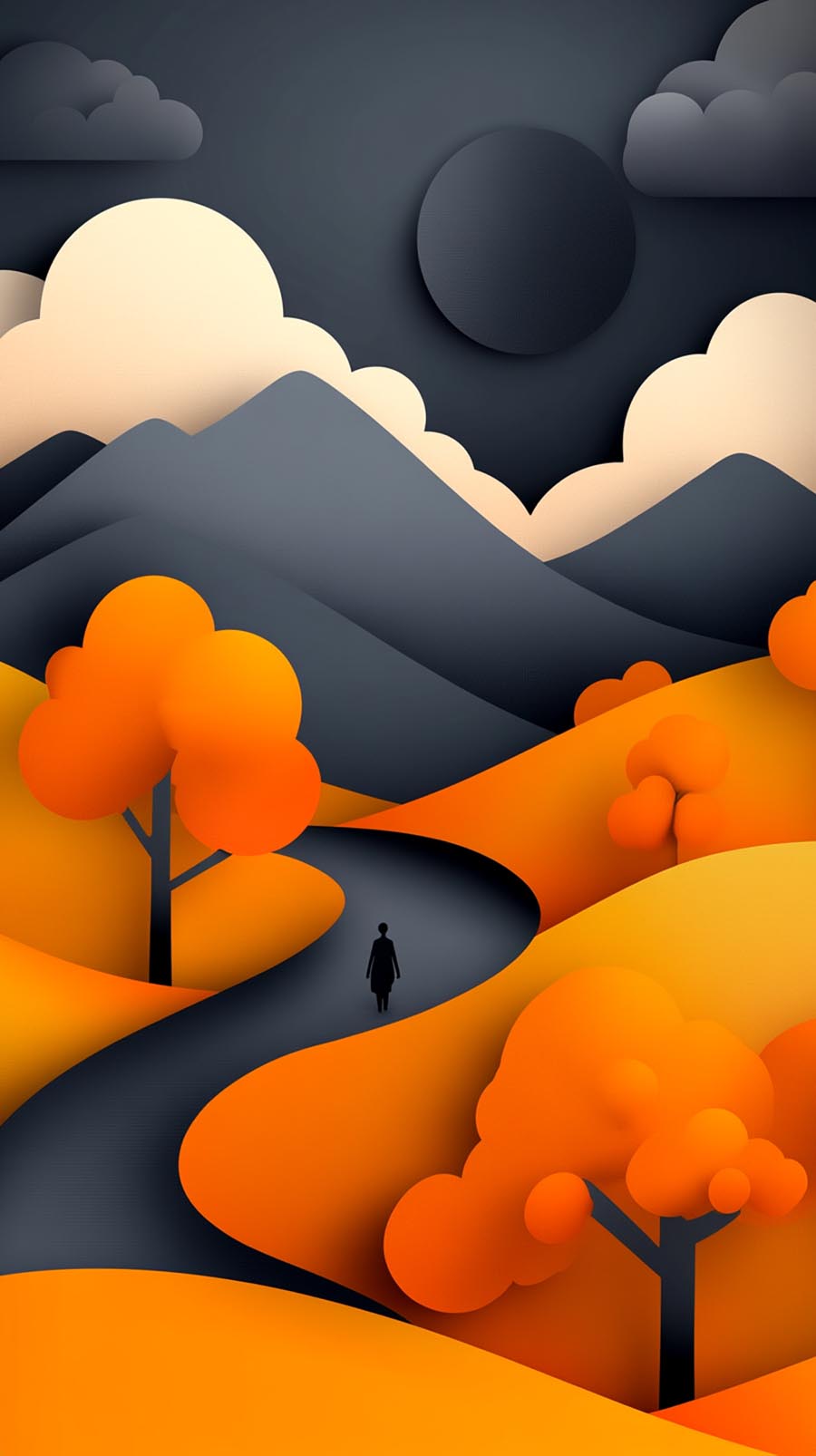 Minimalistische Herbstlandschaft: Silhouette auf kurvigem Weg, orange Bäume, dunkle Berge | Minimalist autumn landscape: silhouette on winding path, orange trees, dark mountains